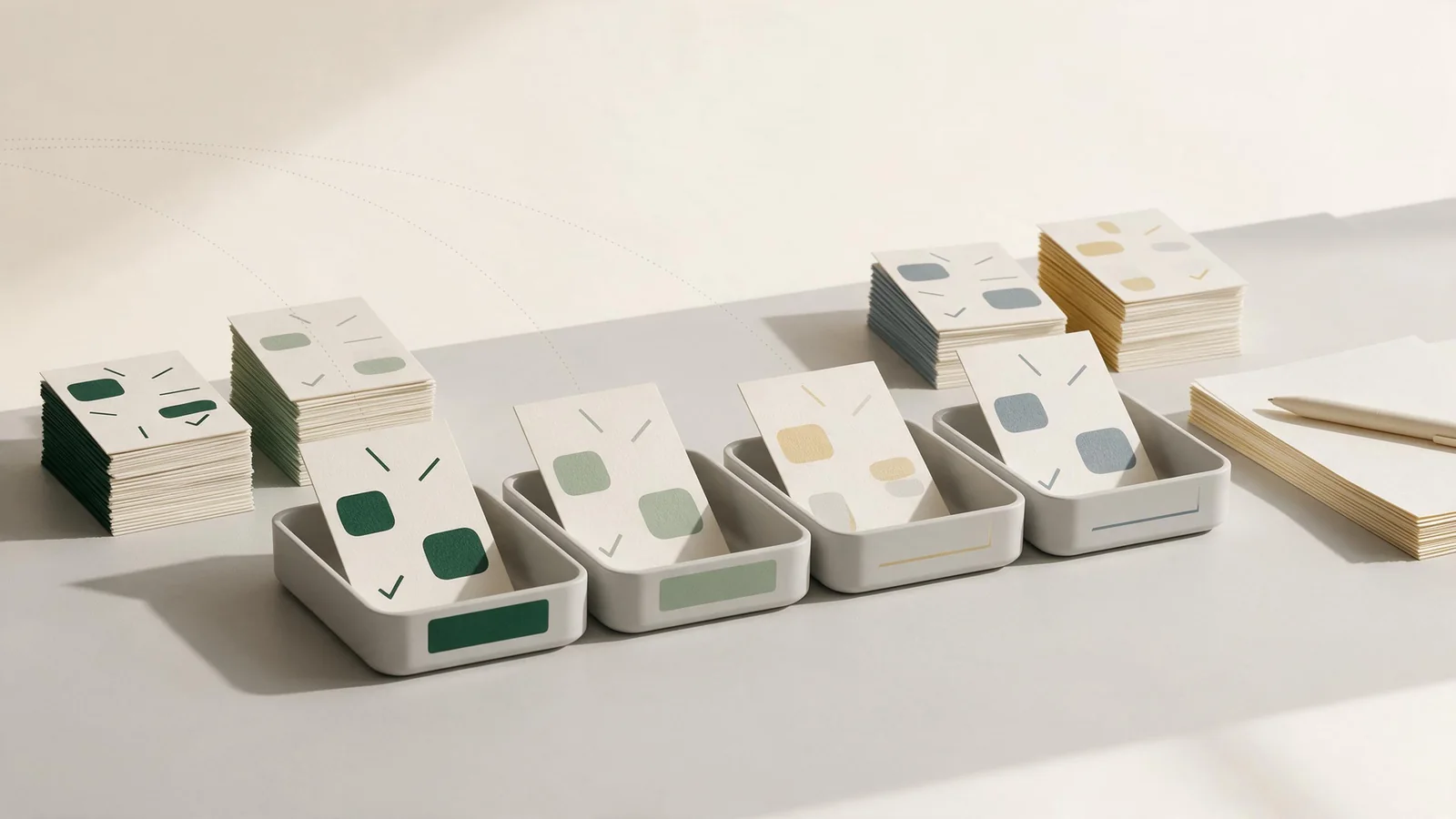 Editorial illustration of website page cards sorted into clear decision groups